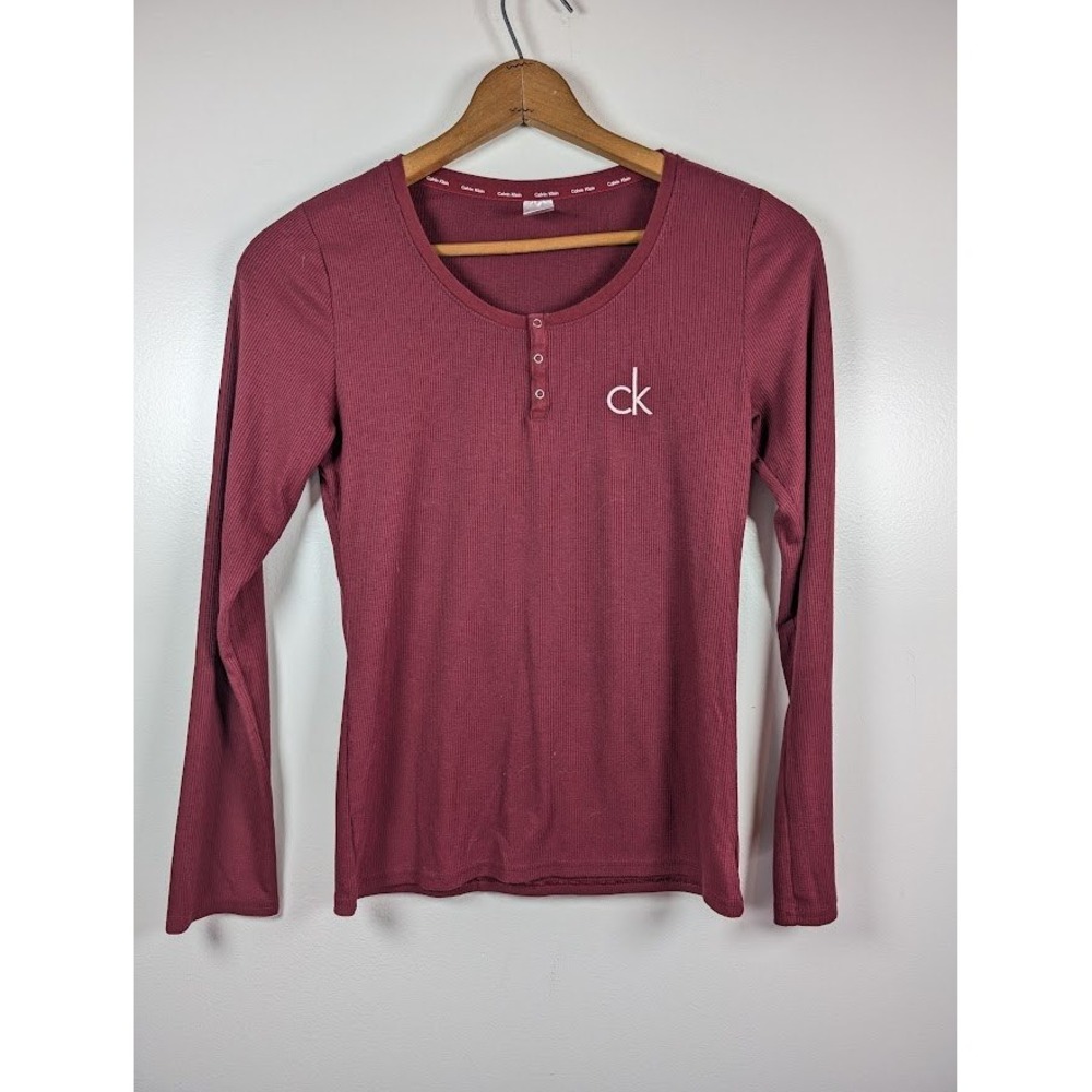 Calvin Klein Ribbed Henley Top Women's Size‎ Medium Fitted Y2 Bella Elena Logo